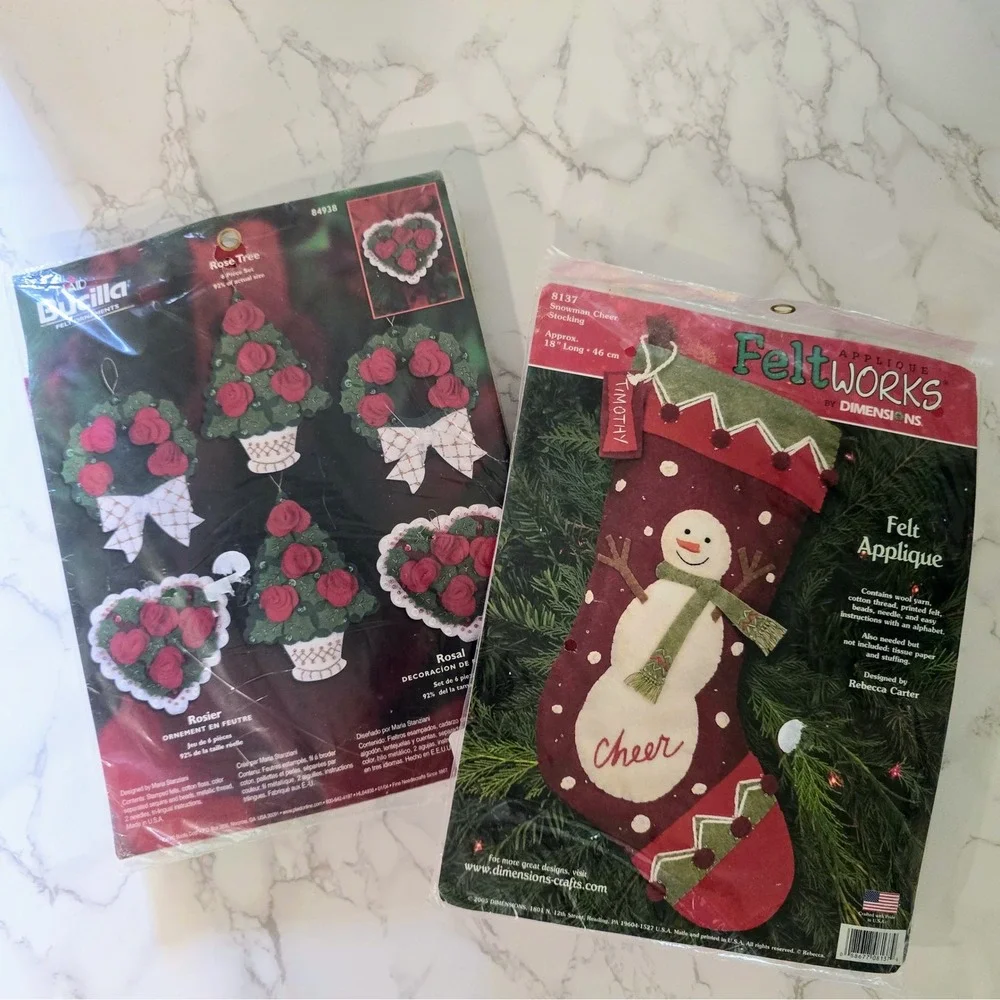 Bucilla Rose Tree Ornaments & Dimensions Snowman Stocking Felt Applique Kits Lot